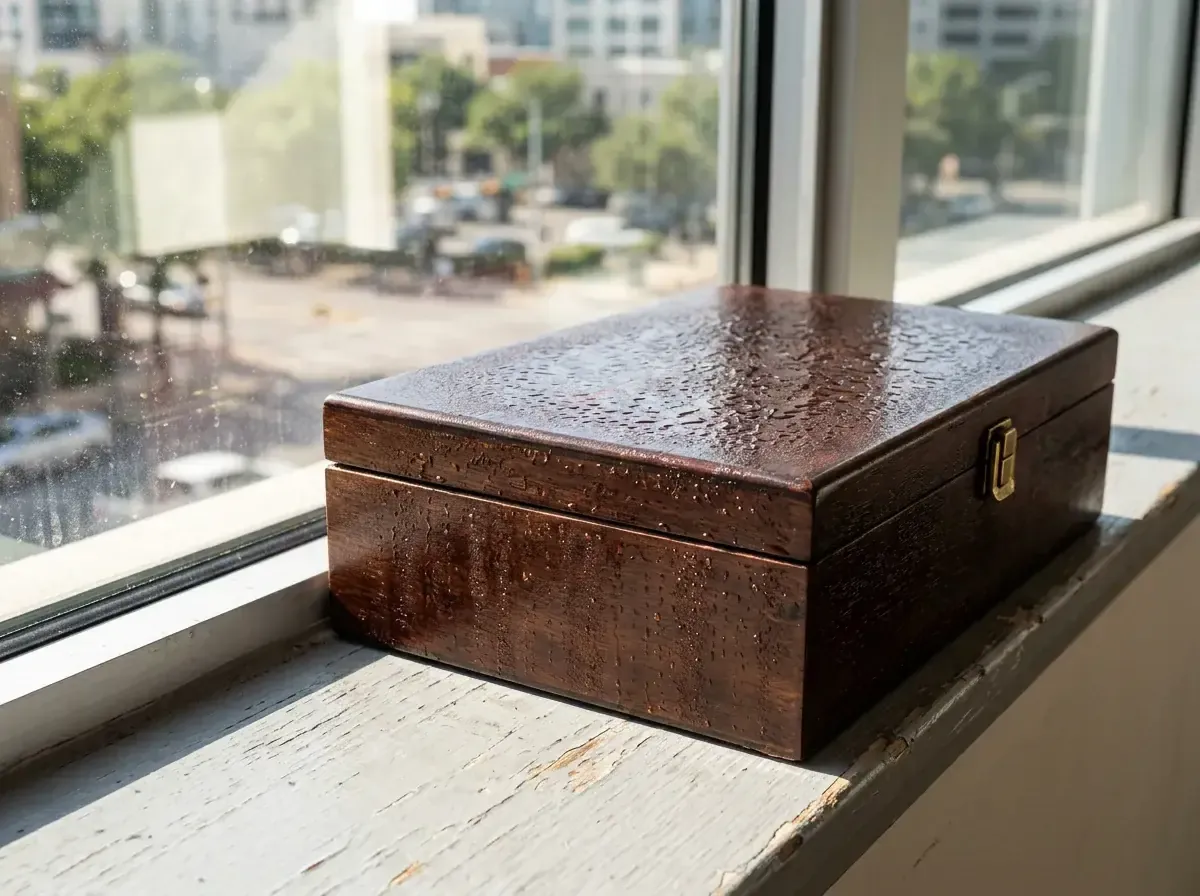 A dark wood cigar box sits on a windowsill on a humid day
